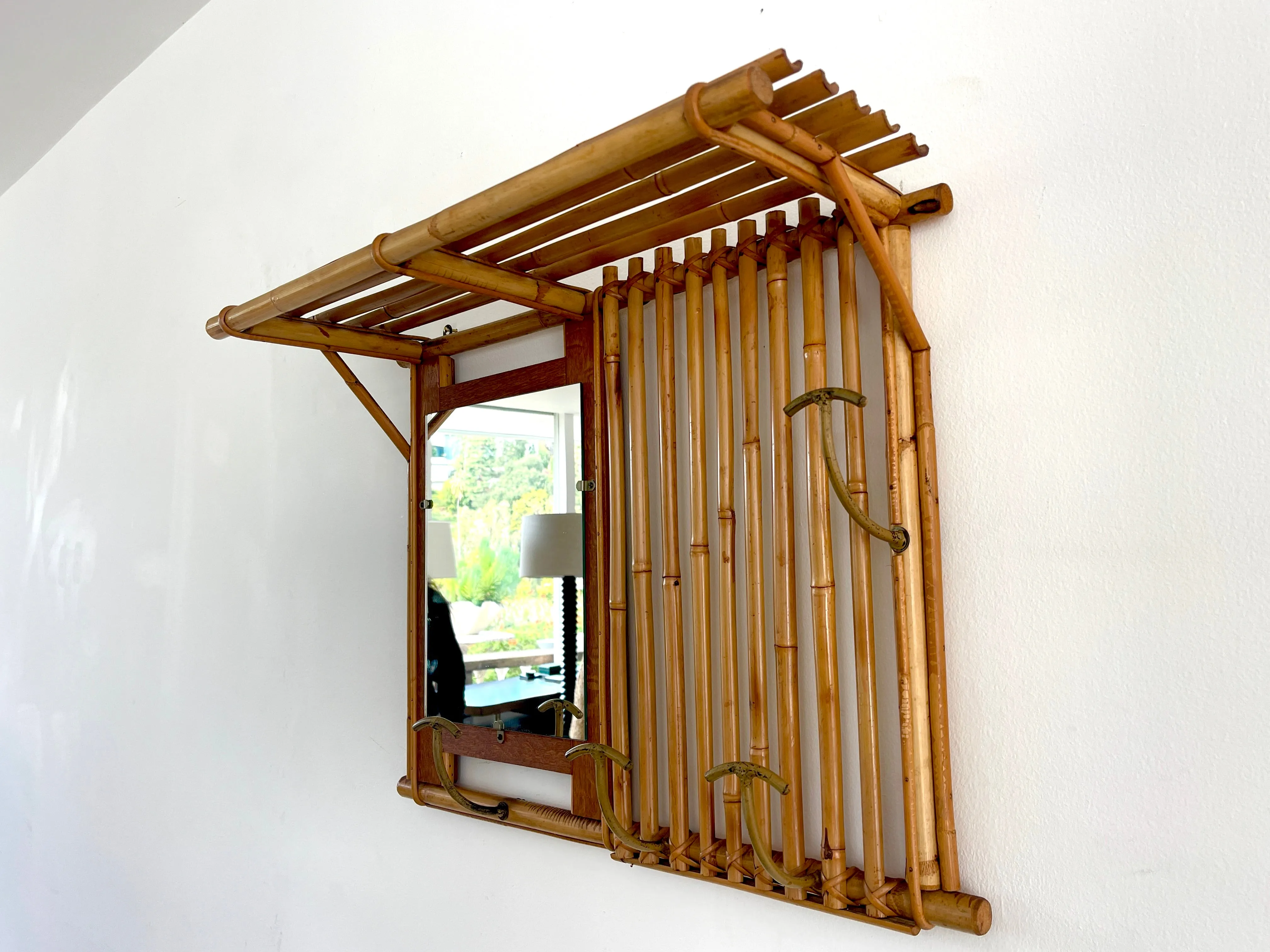 French Bamboo Coat Rack with Mirror