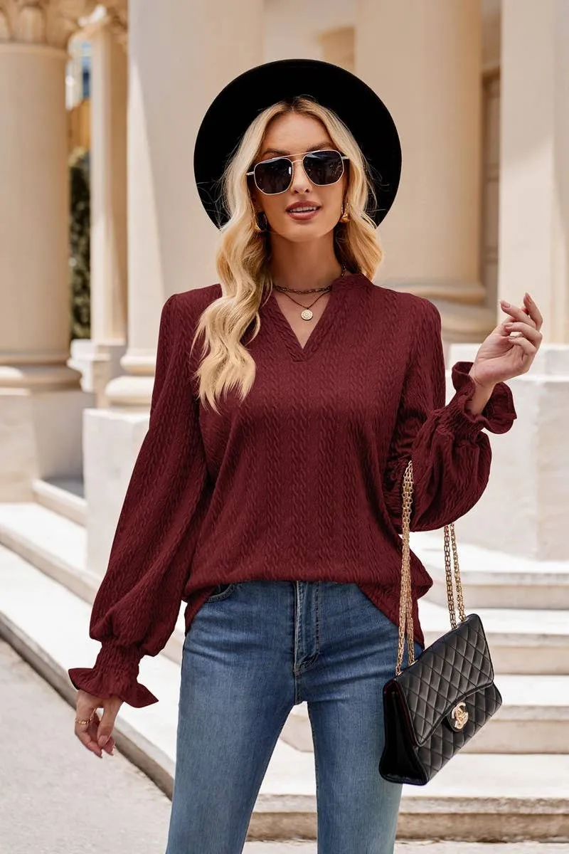 Grey V Neck Cuff Sleeve Top