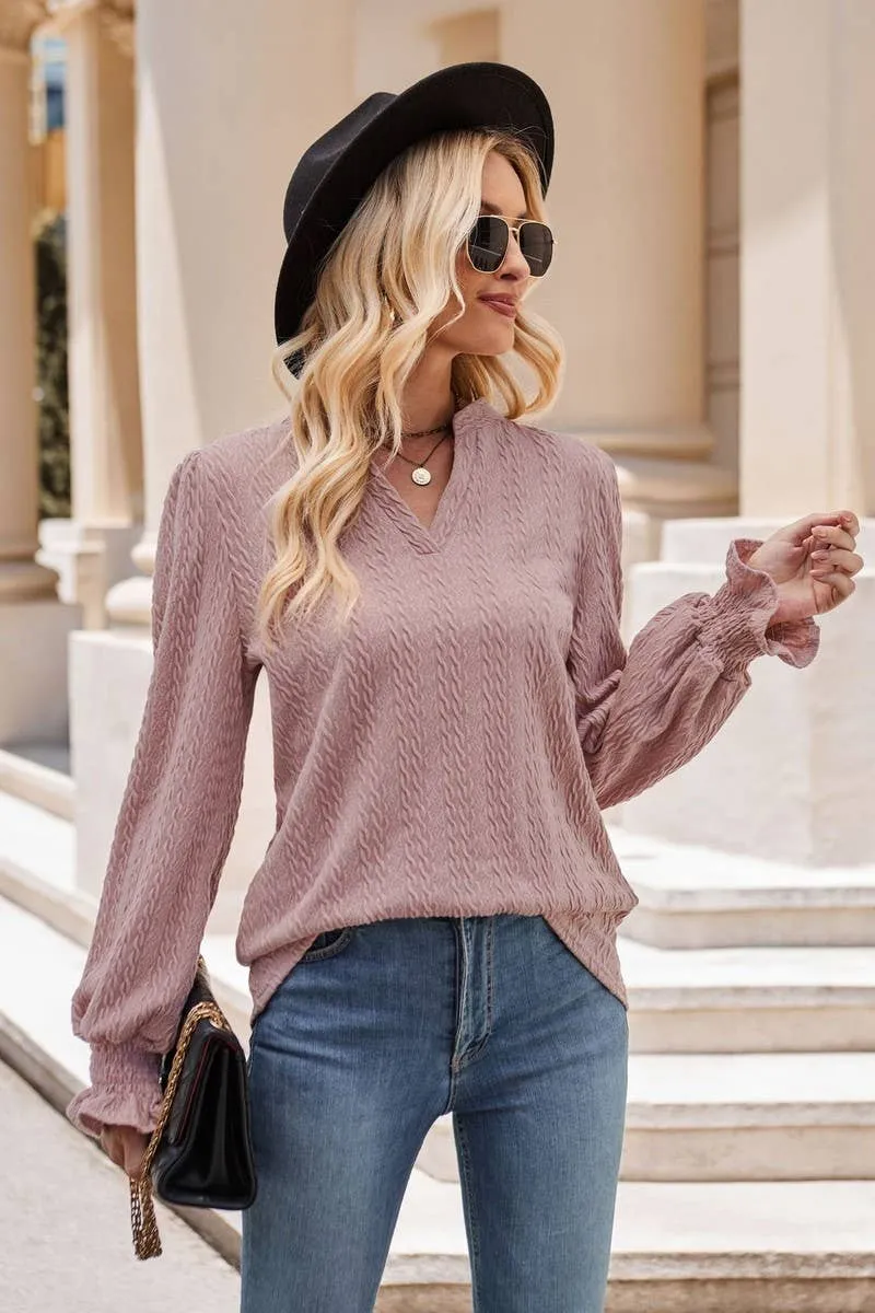 Grey V Neck Cuff Sleeve Top