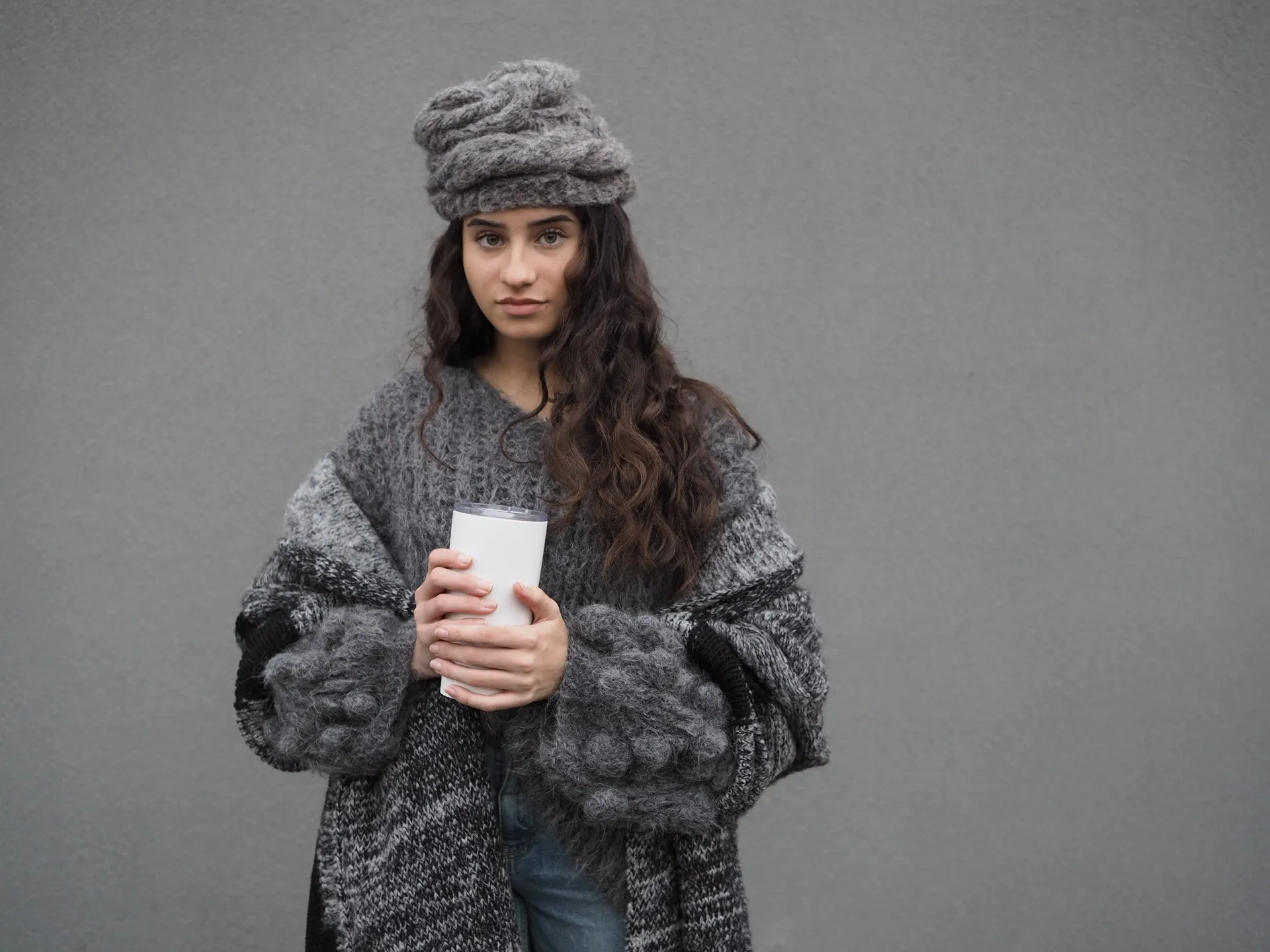 Hand knit cable beanie style Hat - (Alpaca) Navy