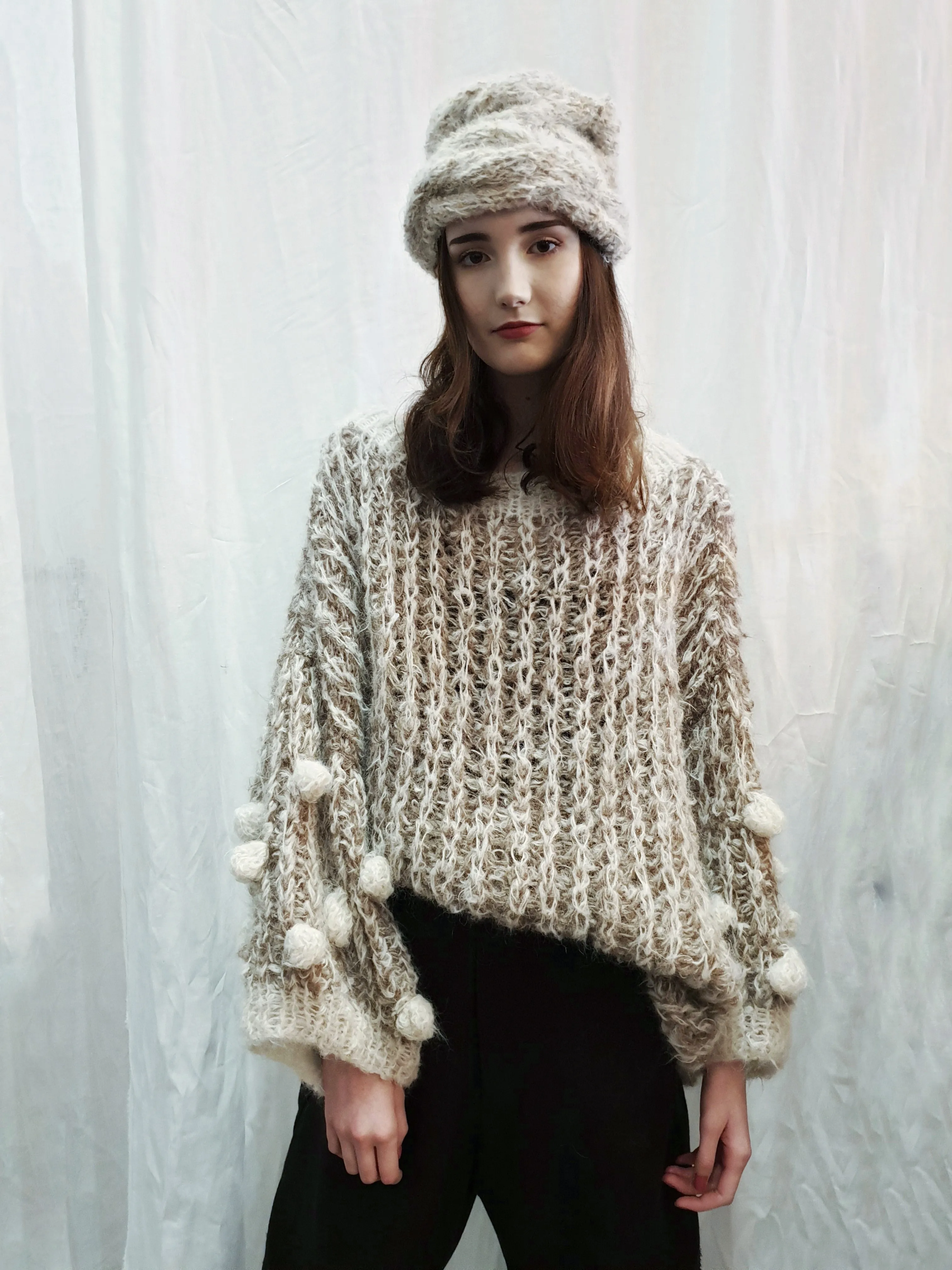 Hand knit cable beanie style Hat - (Alpaca) Navy