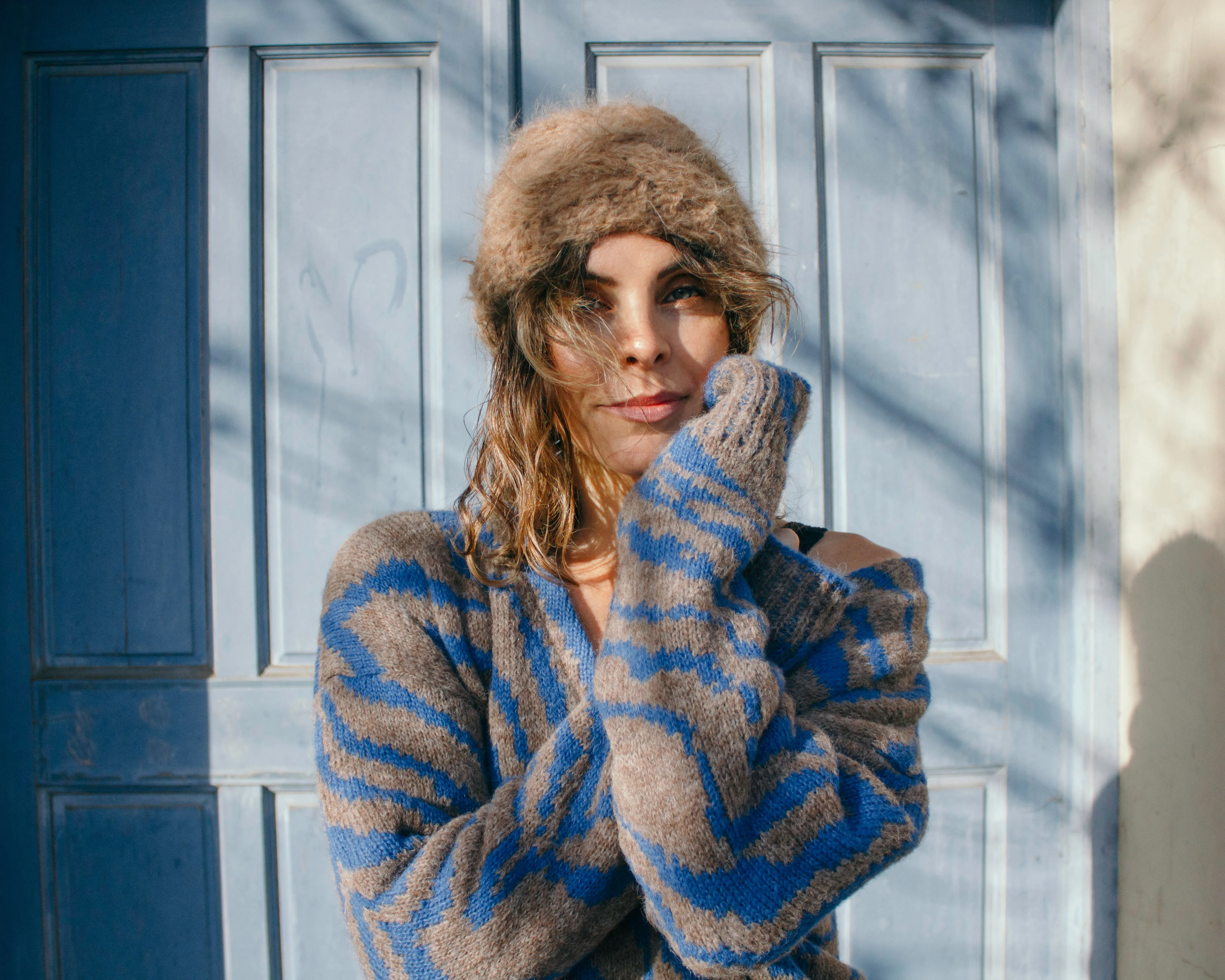 Hand knit cable beanie style Hat - (Alpaca) Navy