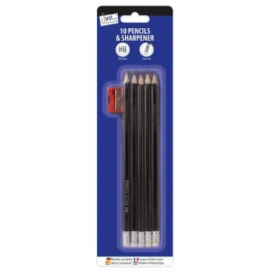 HB Pencils With Sharpener - 10 Pack School Writing Drawing Sketching Stationery