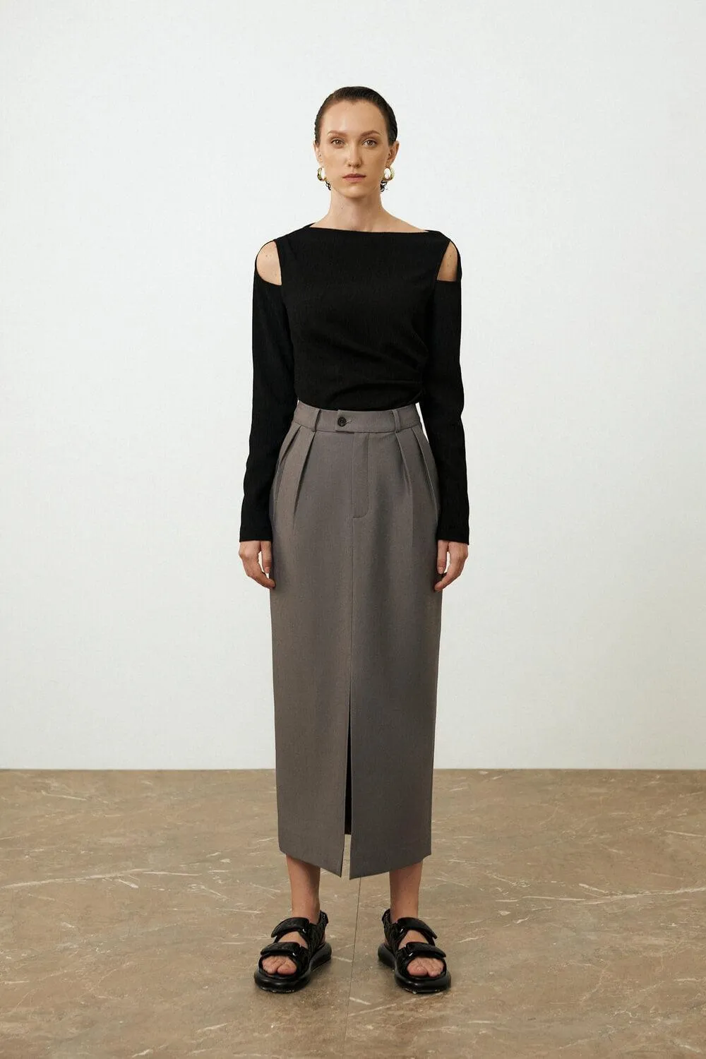 Ines Pencil Side Slit Twill Skirt