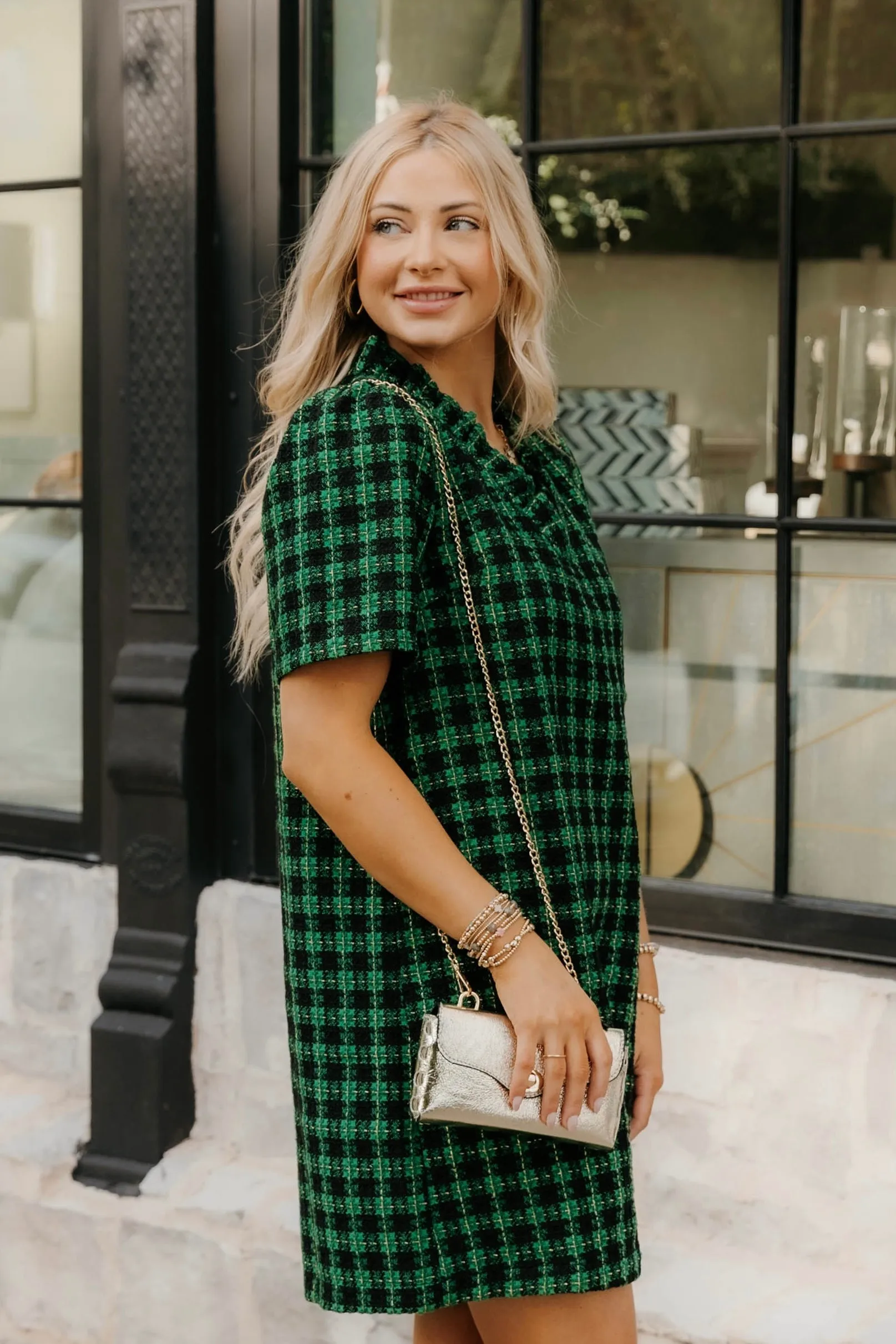 Kenzie Plaid Tweed Ruffle Neckline Dress