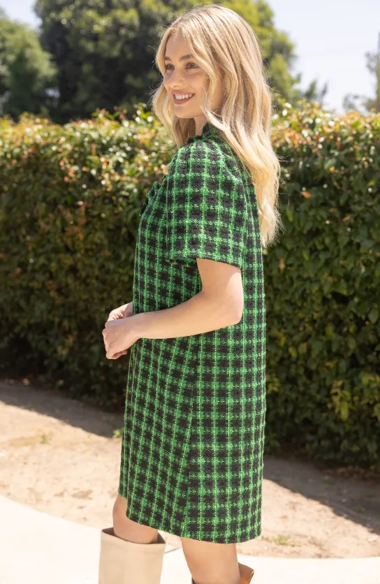 Kenzie Plaid Tweed Ruffle Neckline Dress