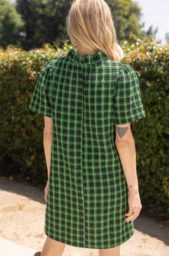 Kenzie Plaid Tweed Ruffle Neckline Dress