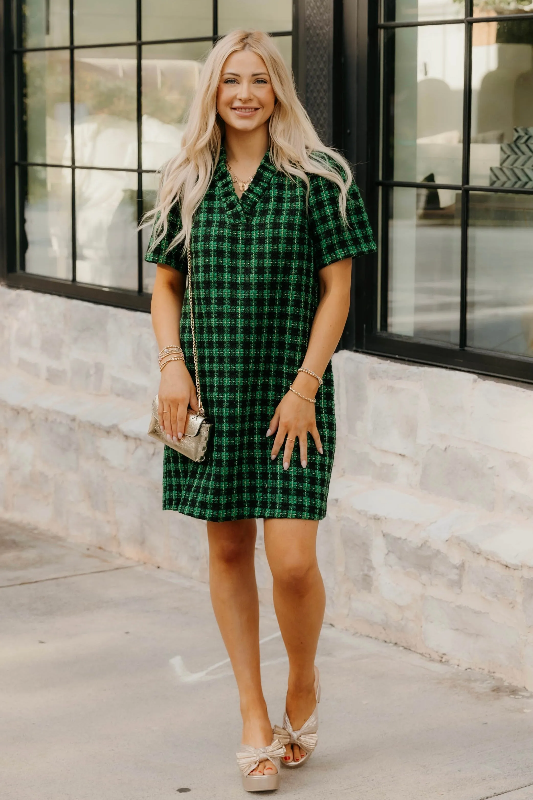 Kenzie Plaid Tweed Ruffle Neckline Dress