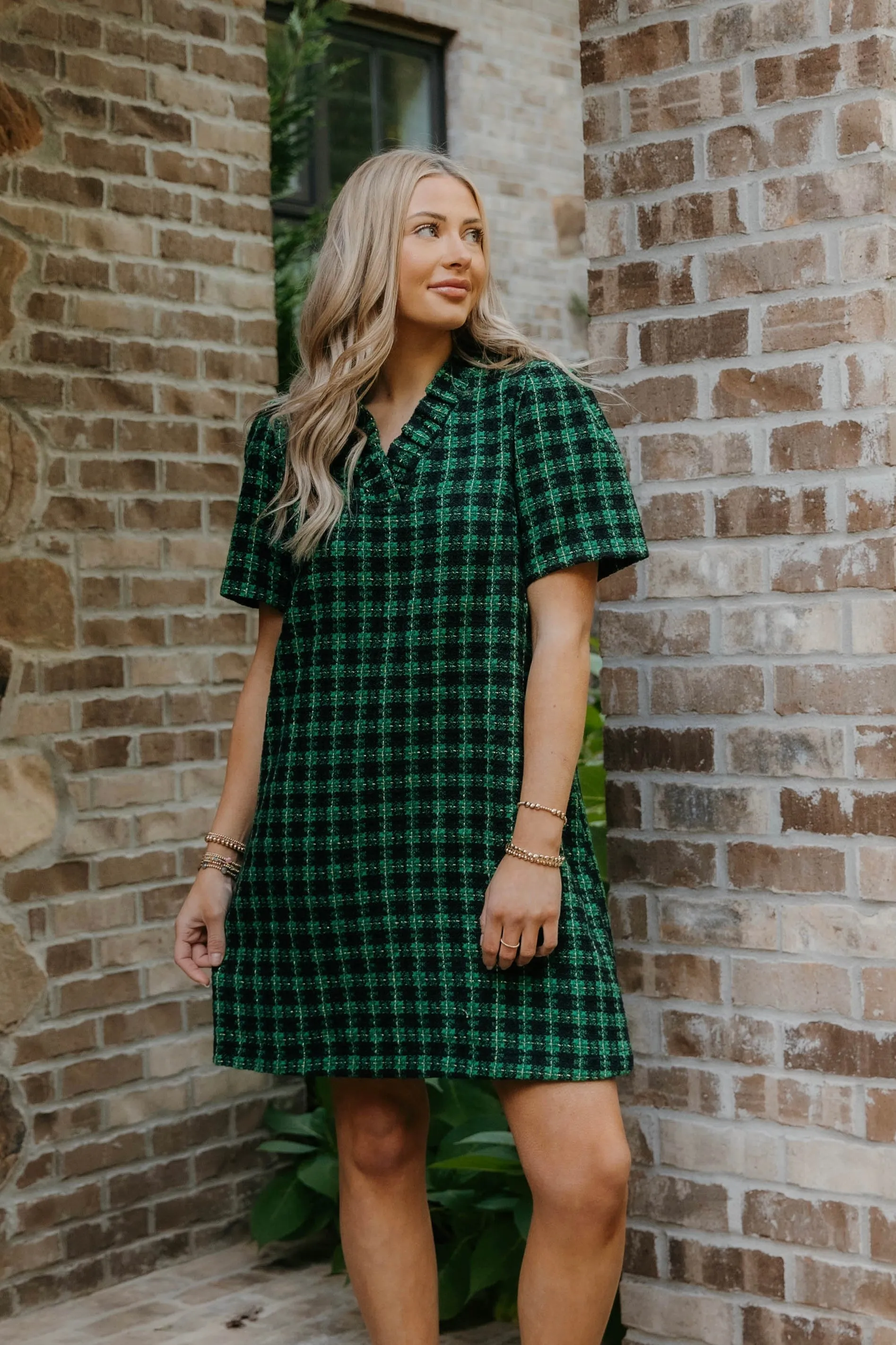 Kenzie Plaid Tweed Ruffle Neckline Dress