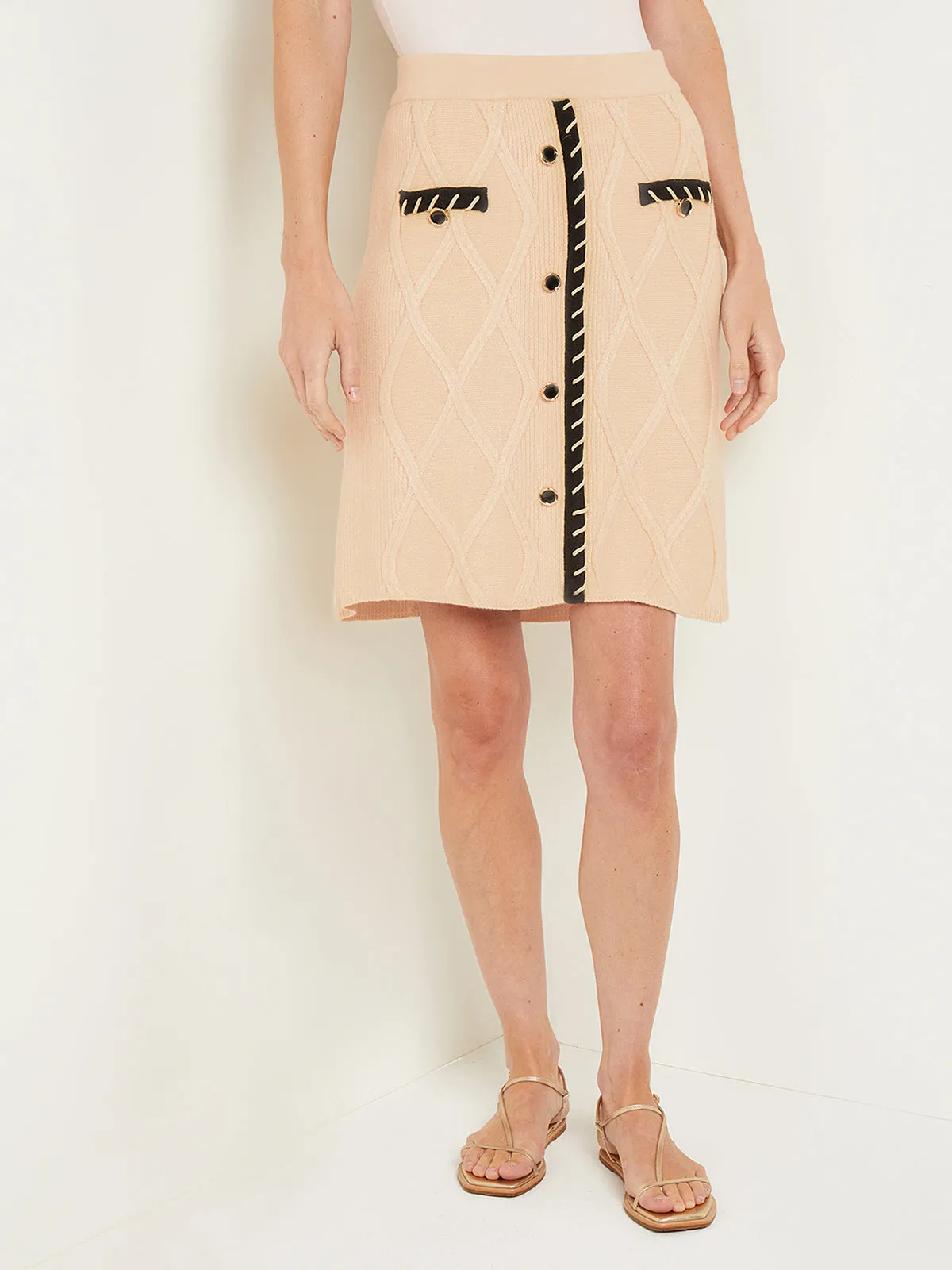Knee Length A-Line Skirt - Button Detail Cozy Textural Knit