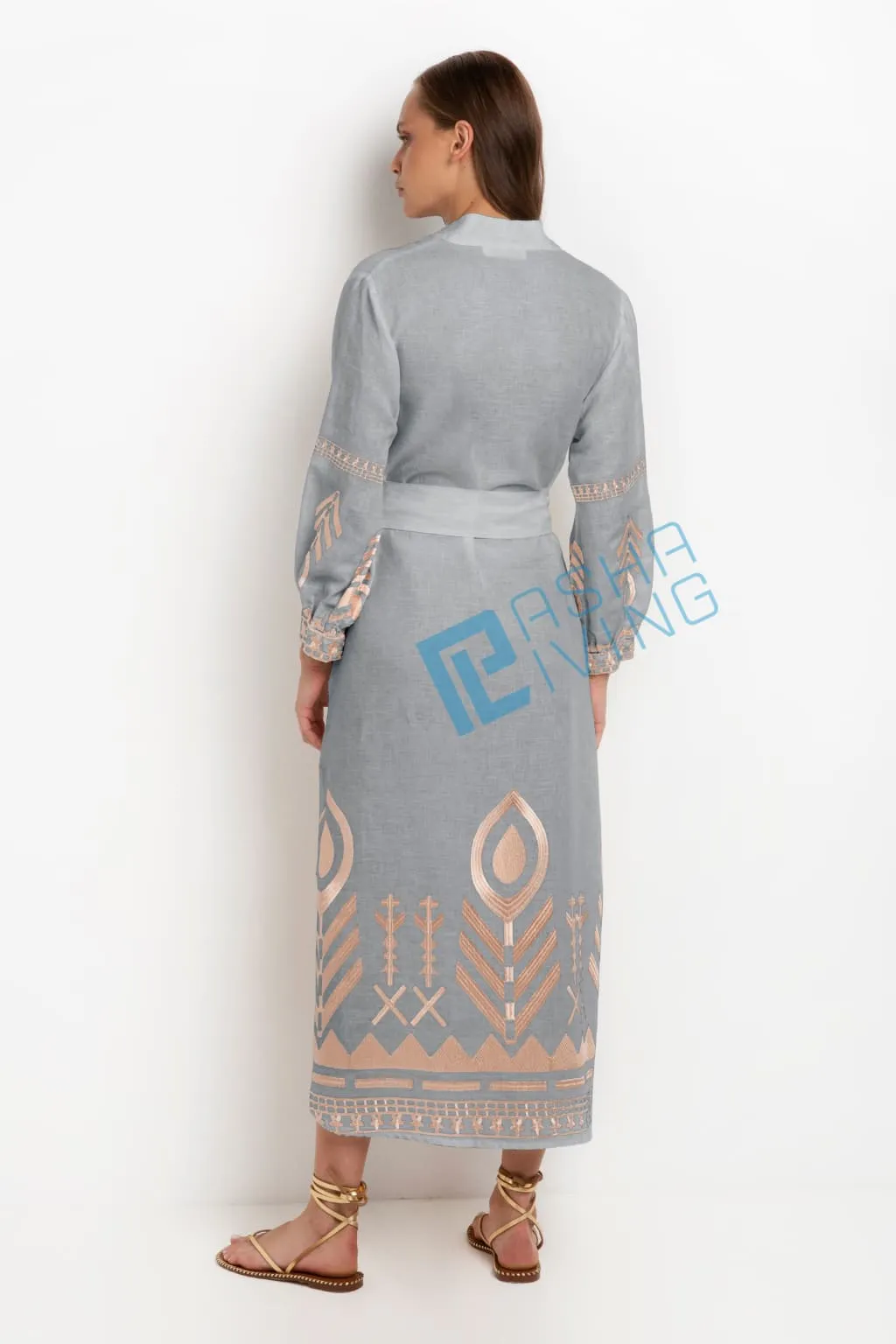 Kori Long Sleeved Belted Linen Dress | Grey & Rose Gold