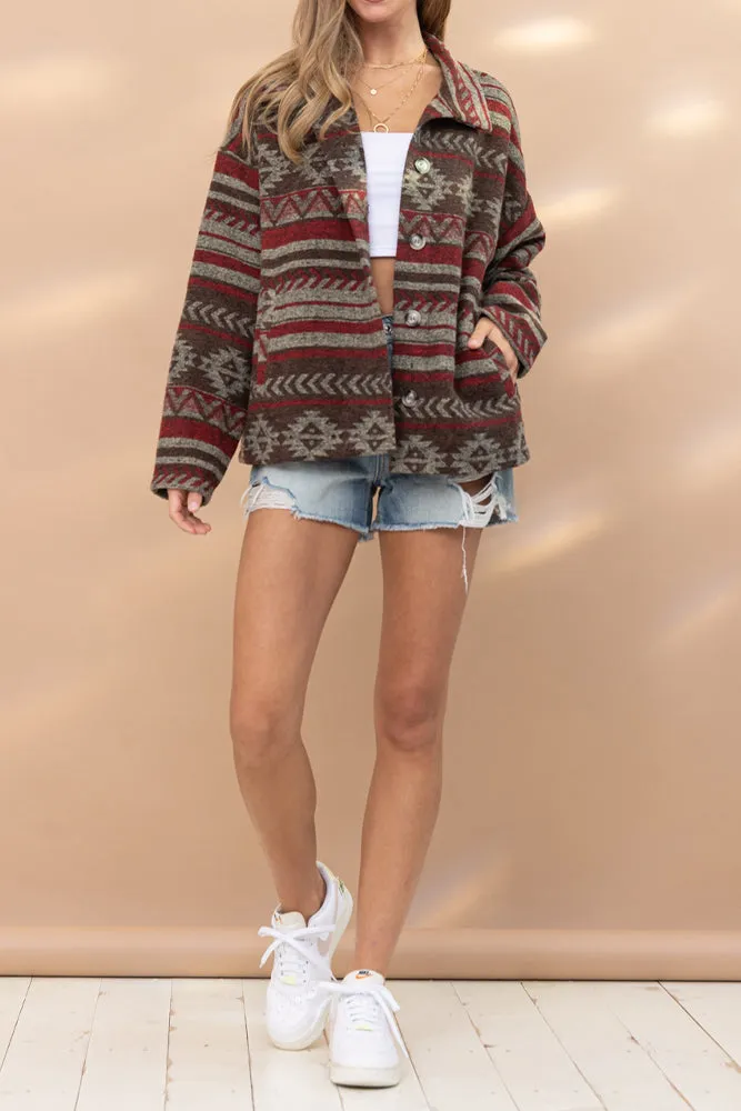 Lapel Button Up Aztec Jacket Winter Outfits Coat