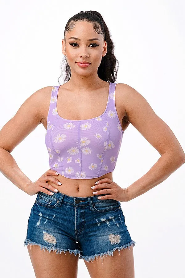 Lavender Daisy Print Mesh Sleeveless Crop Top