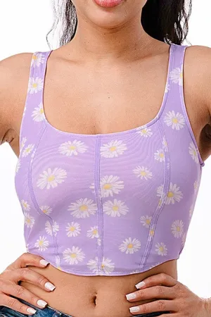 Lavender Daisy Print Mesh Sleeveless Crop Top
