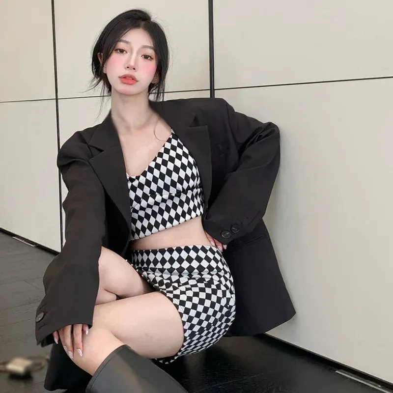 LVSANW 2 Pieces Set Summer Women Plaid V Neck Sleeveless Camisole Crop Top with Side Split High Waist Mini Skirt