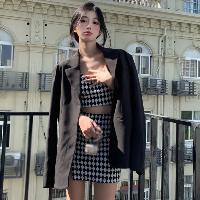LVSANW 2 Pieces Set Summer Women Plaid V Neck Sleeveless Camisole Crop Top with Side Split High Waist Mini Skirt