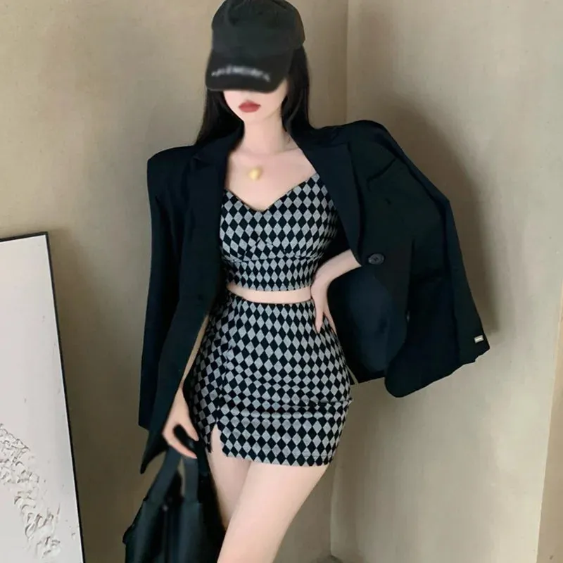 LVSANW 2 Pieces Set Summer Women Plaid V Neck Sleeveless Camisole Crop Top with Side Split High Waist Mini Skirt