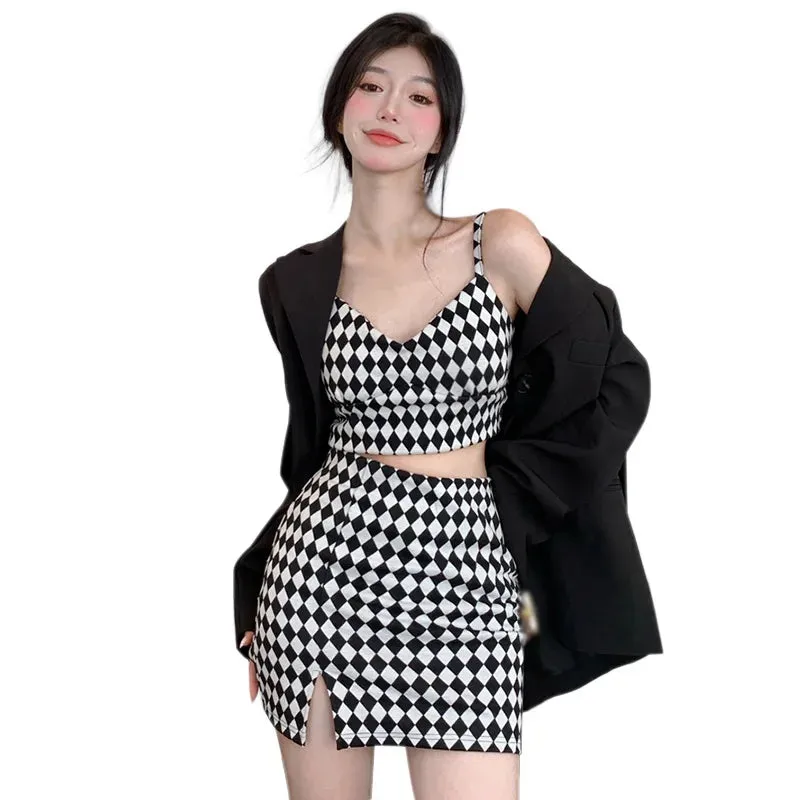 LVSANW 2 Pieces Set Summer Women Plaid V Neck Sleeveless Camisole Crop Top with Side Split High Waist Mini Skirt