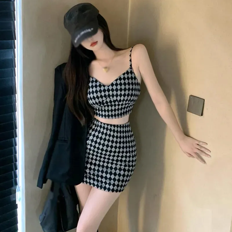 LVSANW 2 Pieces Set Summer Women Plaid V Neck Sleeveless Camisole Crop Top with Side Split High Waist Mini Skirt