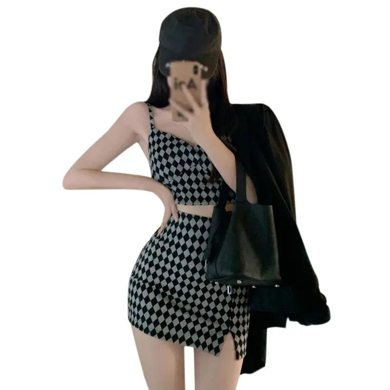LVSANW 2 Pieces Set Summer Women Plaid V Neck Sleeveless Camisole Crop Top with Side Split High Waist Mini Skirt