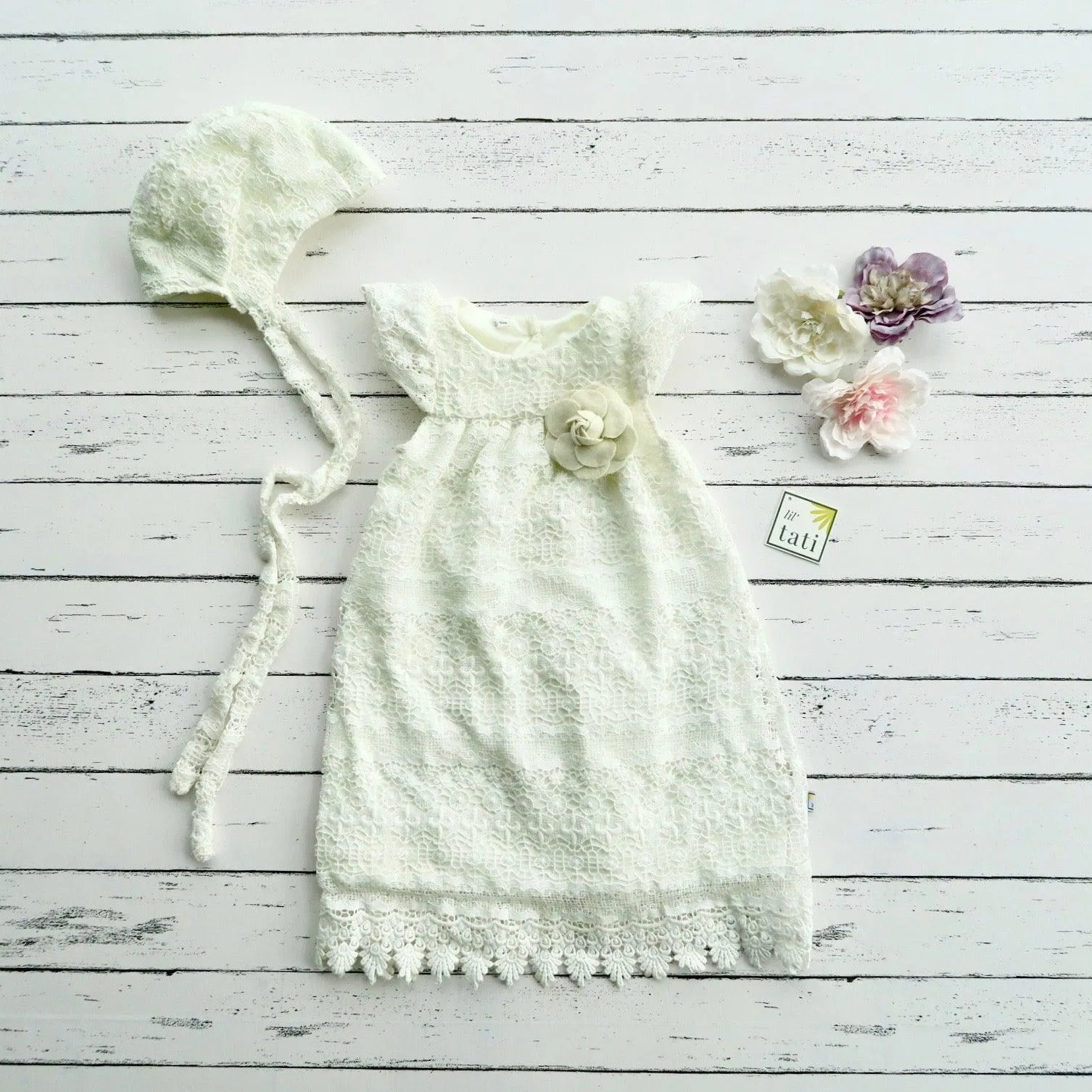 Magnolia Christening Set in Elegant Pattern Stripes Lace