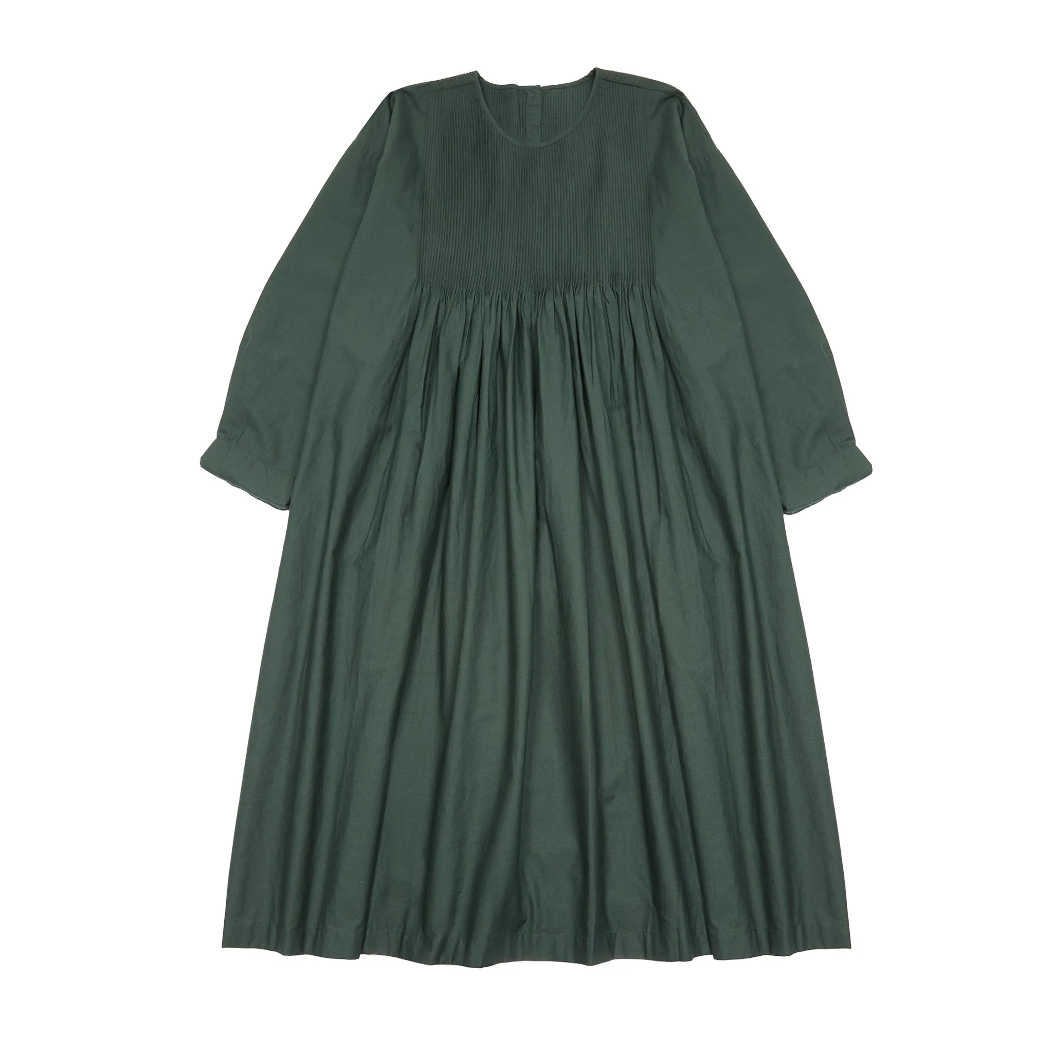 Maison De Soil Cotton Crew Neck Shirt Dress with Mini Pintuck in Dark Green