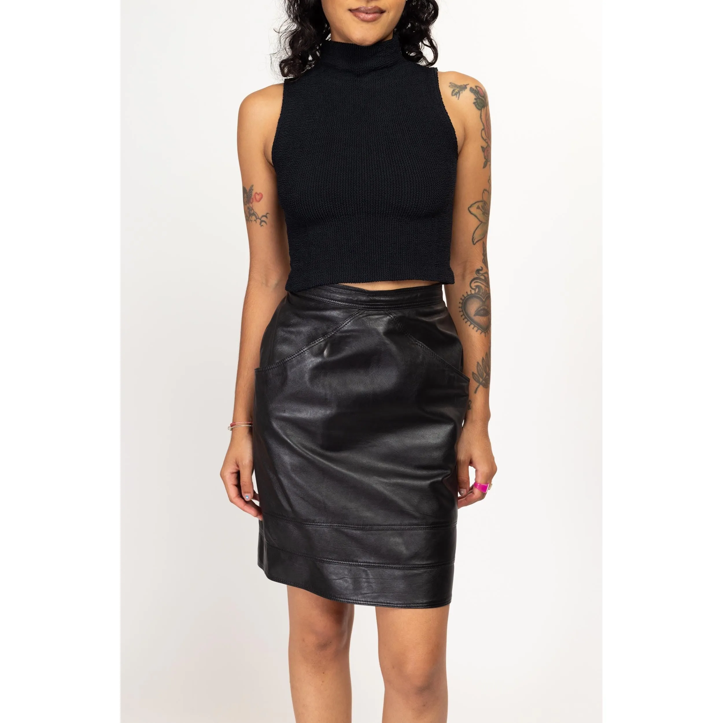 Medium 90s Black Leather Mini Skirt 27.5"