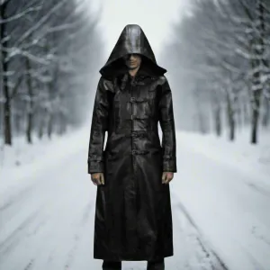 Mens Black Leather Hooded Coat