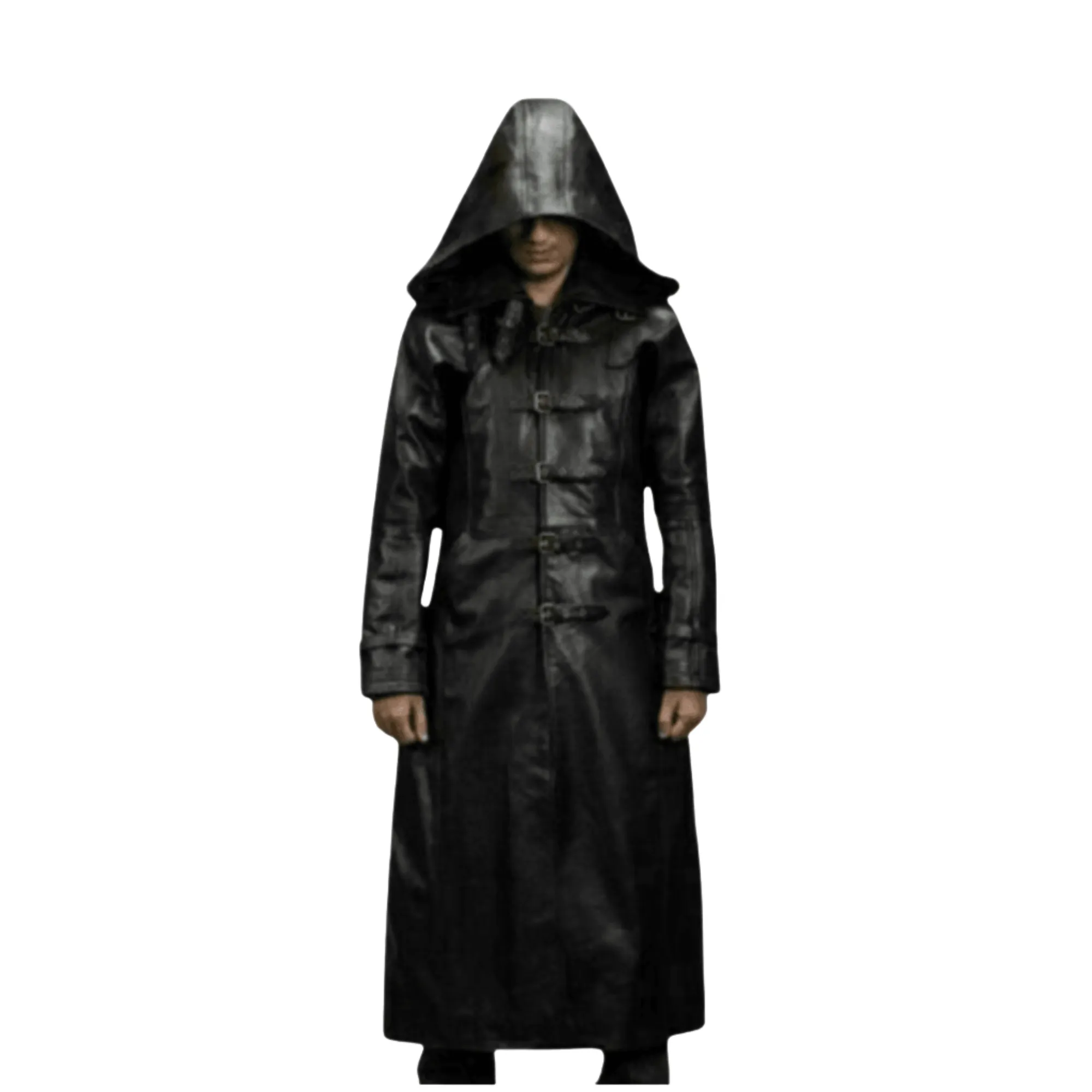 Mens Black Leather Hooded Coat
