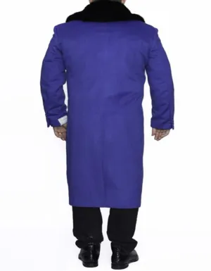 Mens Overcoat - Topcoat For Men - Winter Fabric - Removable Fur Collar Full Length Ankle length Wool Dress Top Coat / Overcoat In Royal Blue - Mens Overcoat