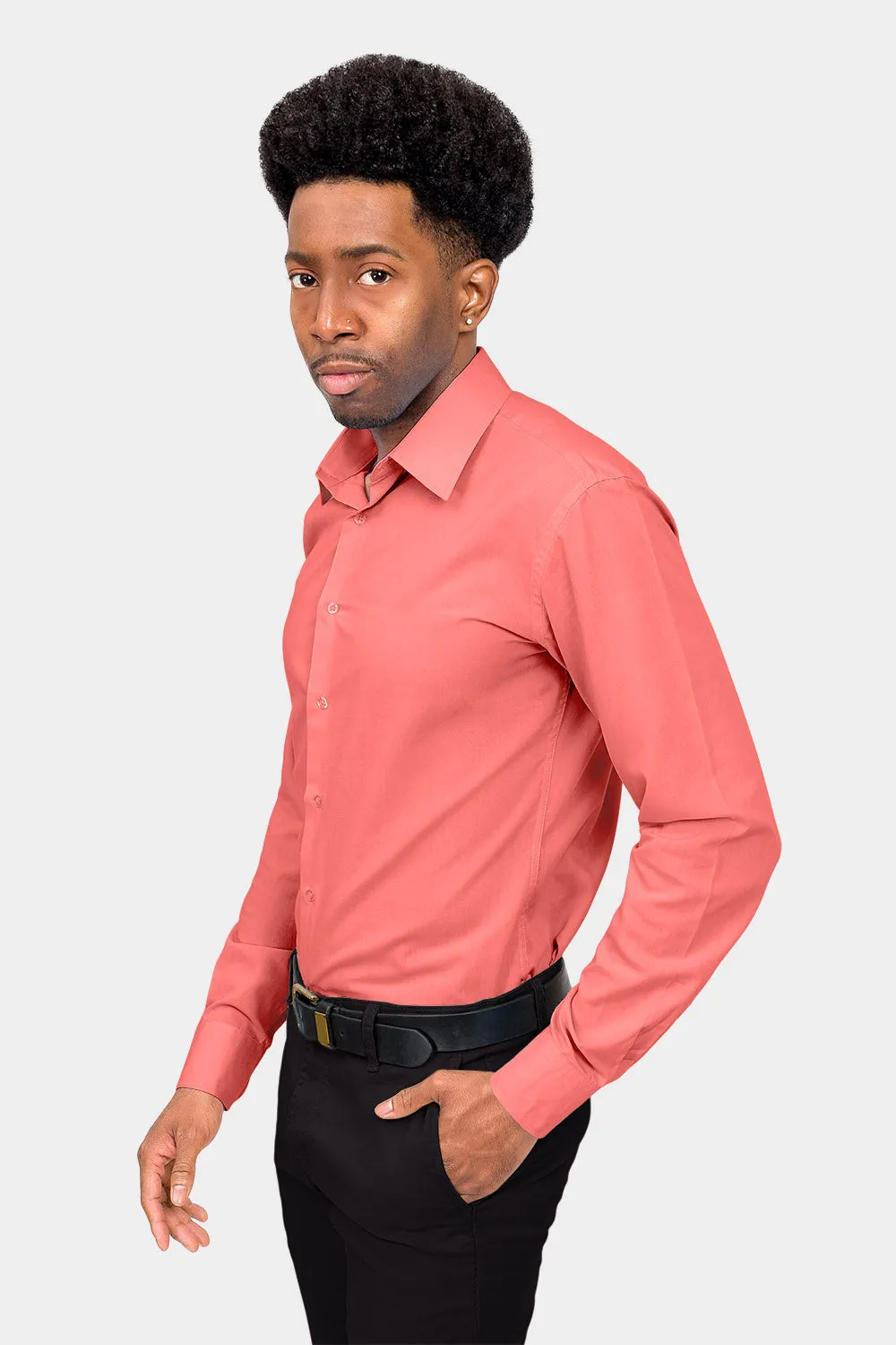 Men's Slim Fit Solid Color Dress Shirt (Coral)