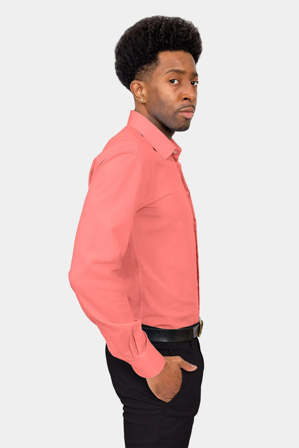 Men's Slim Fit Solid Color Dress Shirt (Coral)