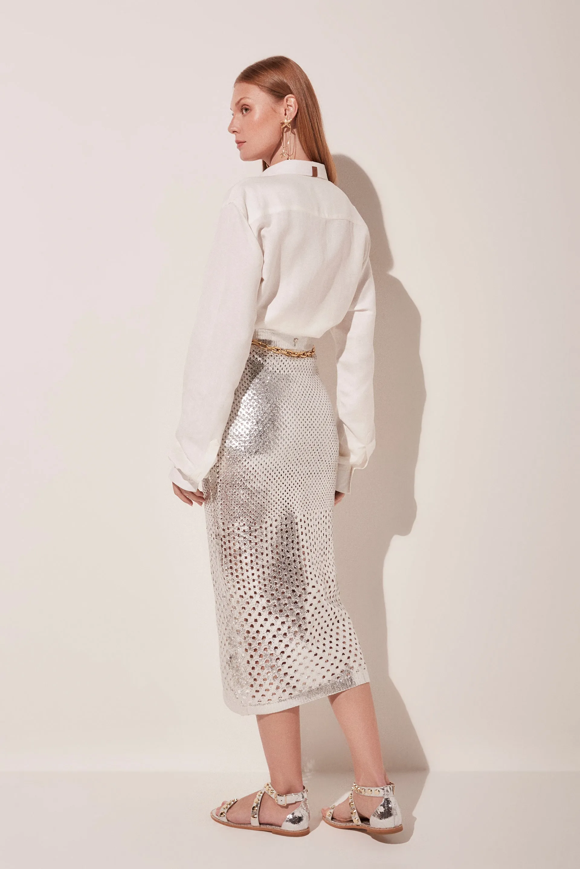 Metallic Tricot Midi Pencil Skirt E4763A1822