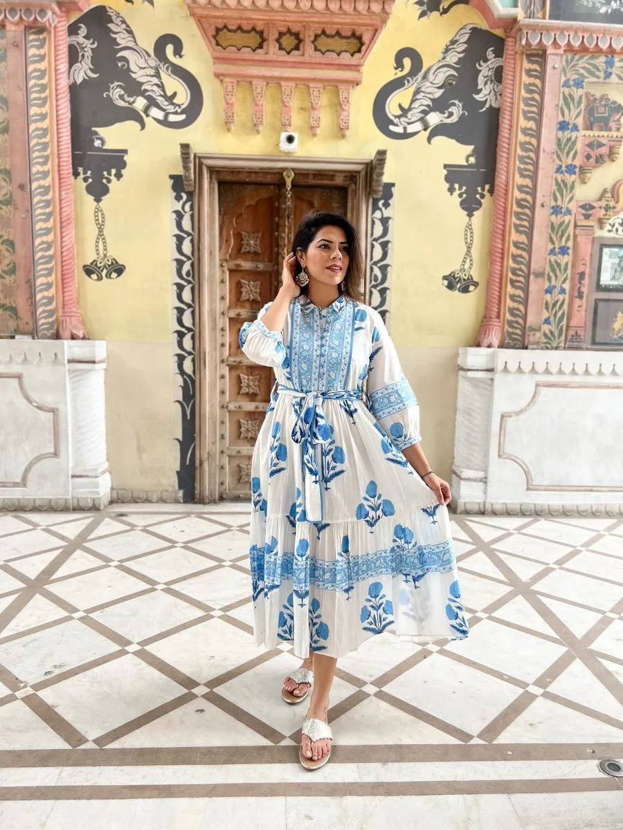Mughal Print Dress | Sky Blue