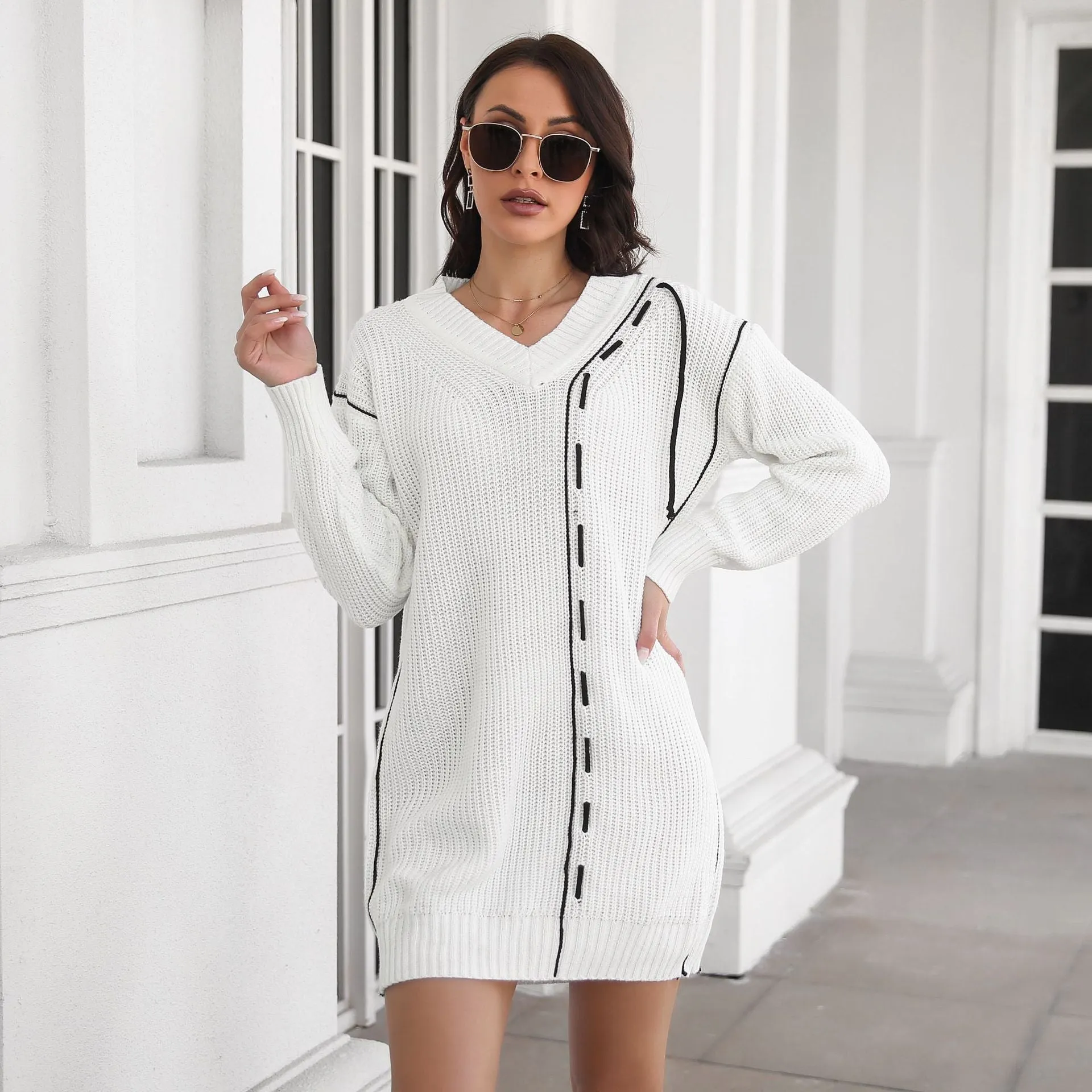 New Autumn Design Sense Knitted Drawstring V-Neck Long Sleeve Sweater Dress