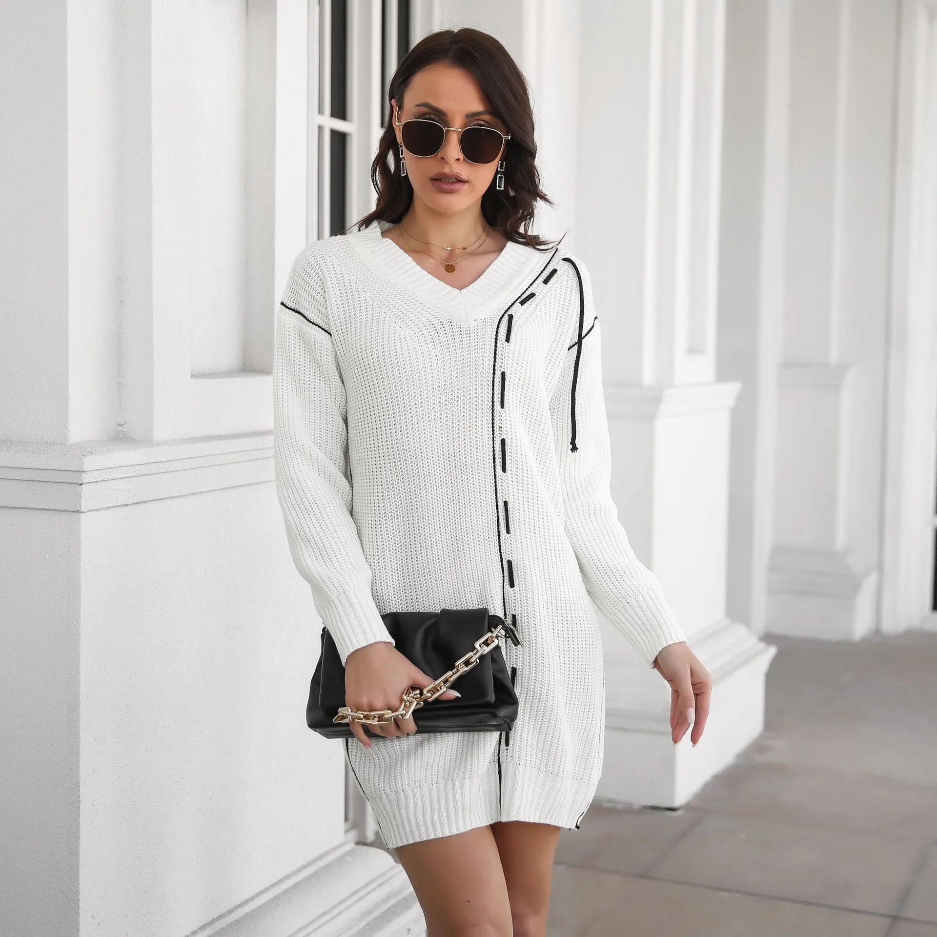 New Autumn Design Sense Knitted Drawstring V-Neck Long Sleeve Sweater Dress