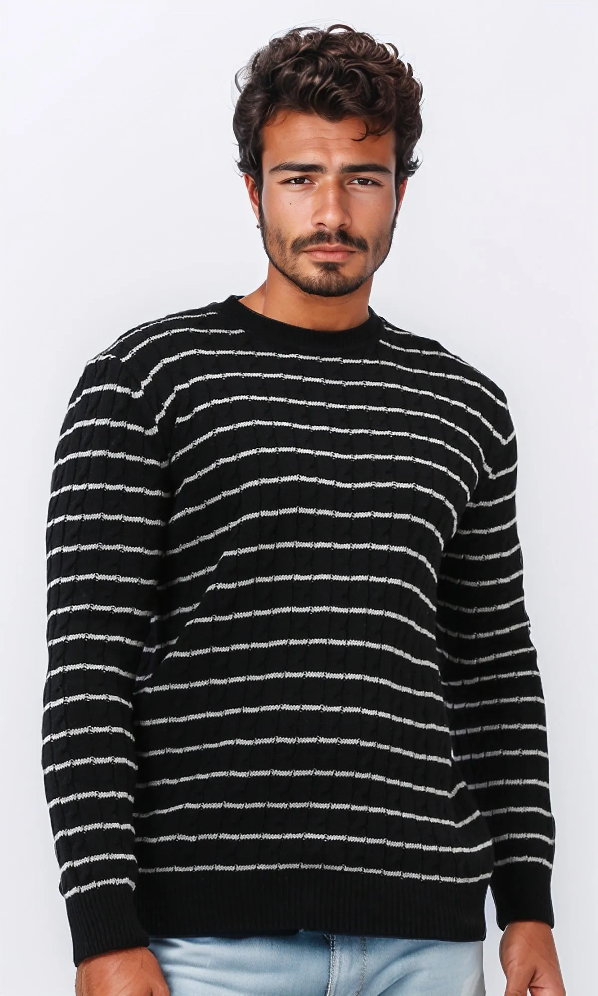 o201238 - Stripped Knitted Pullover - Black & White