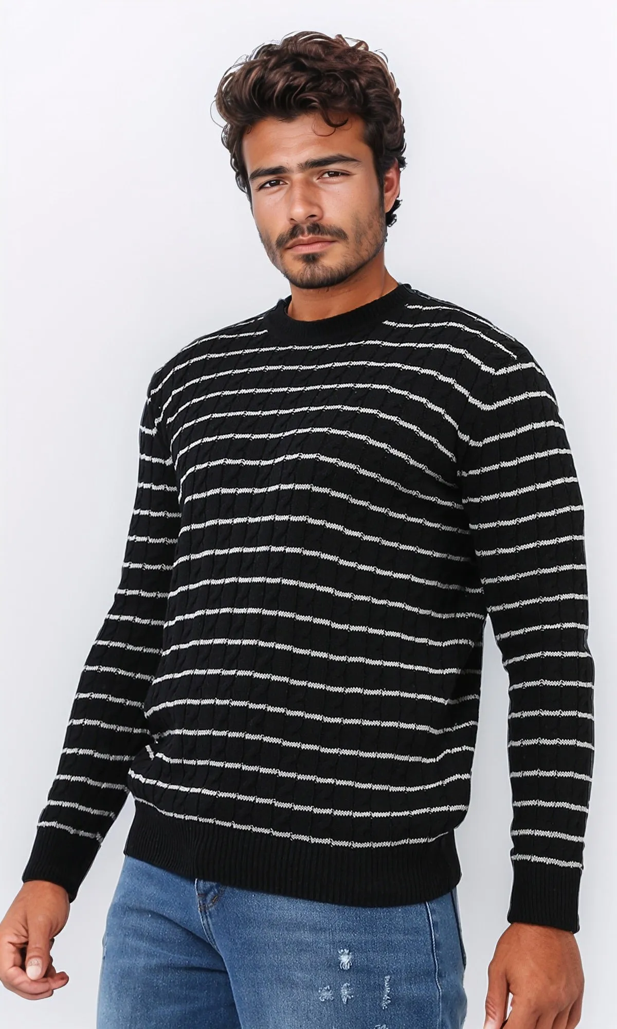 o201238 - Stripped Knitted Pullover - Black & White