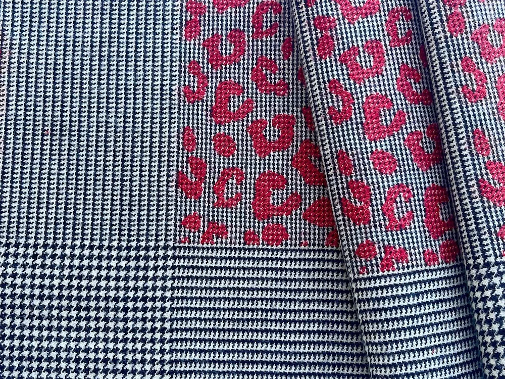 Obsidian & Cloud Hounds-Tooth with Carmine Leopard Spots Wool "Patchwork" (Made in Italy)