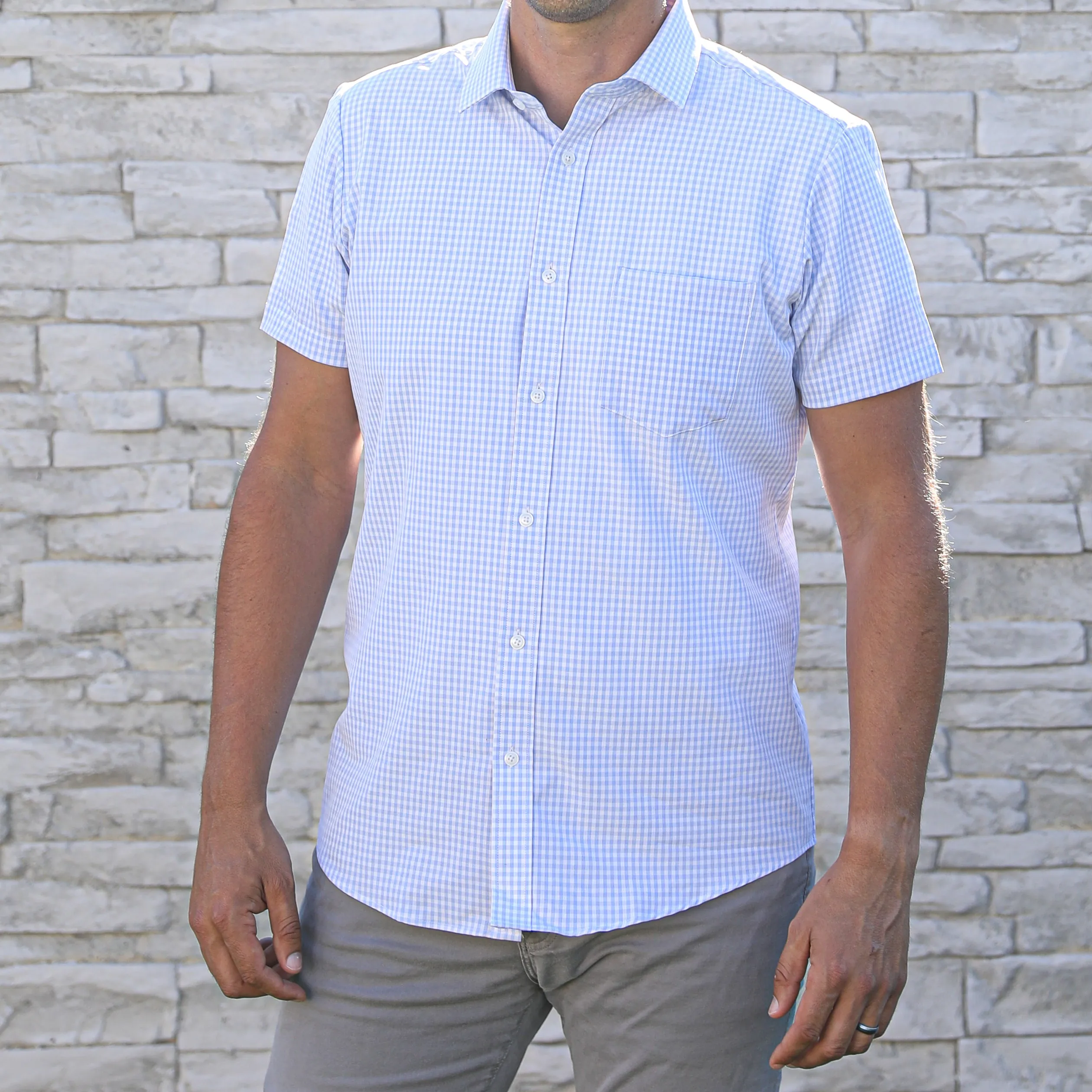 Phenom Classic Light Blue Gingham Short Sleeve Dress Shirt