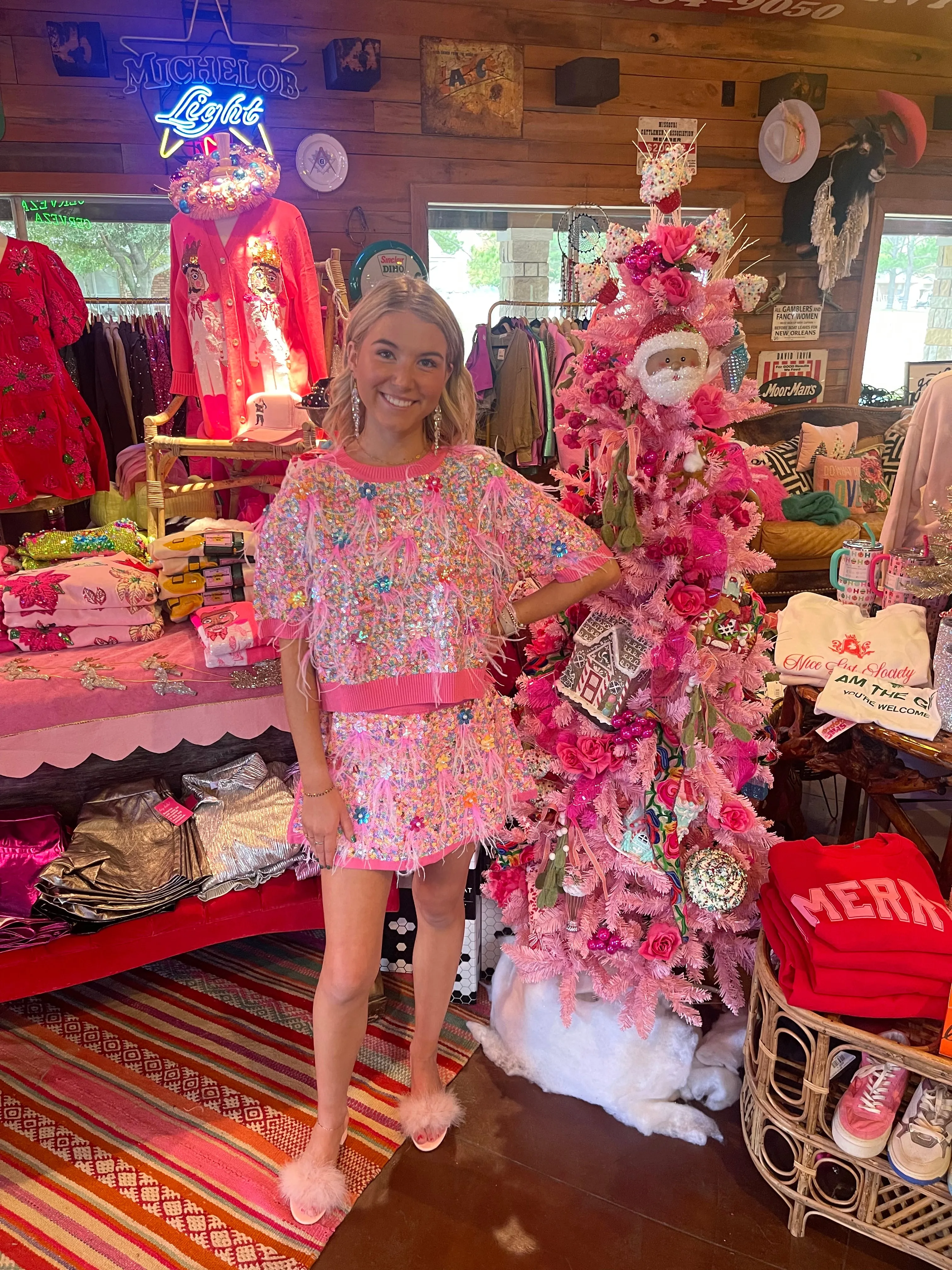 PINK MULTI FEATHER SWEATER