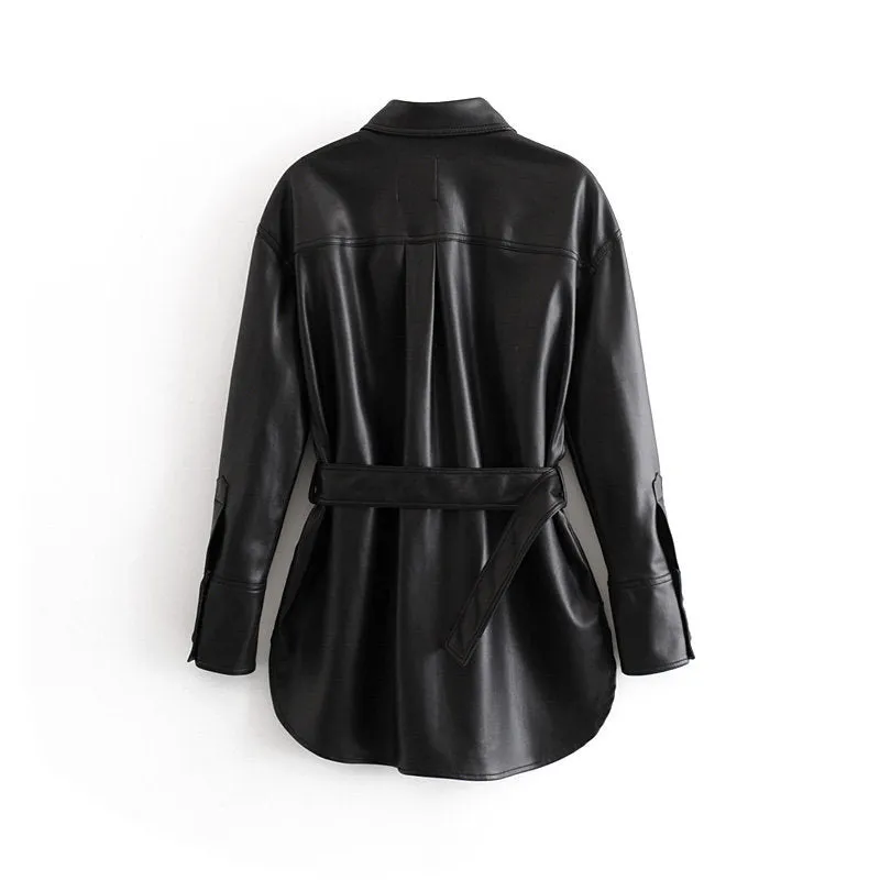 Pu Leather Coat Women Winter Single Breasted Long