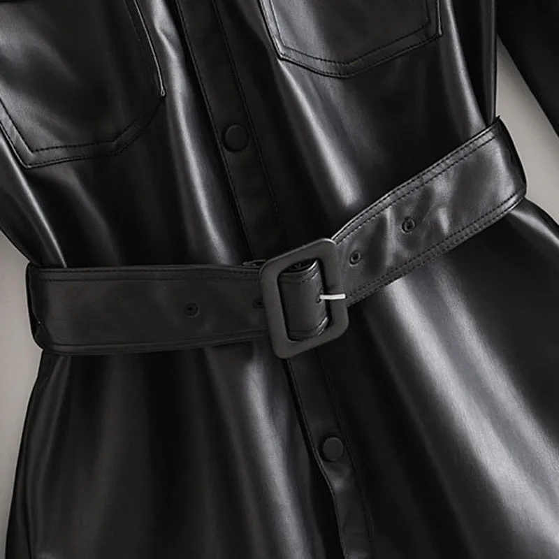 Pu Leather Coat Women Winter Single Breasted Long