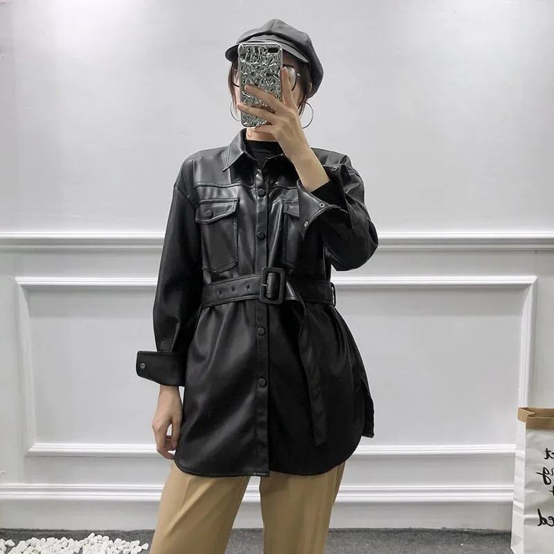 Pu Leather Coat Women Winter Single Breasted Long