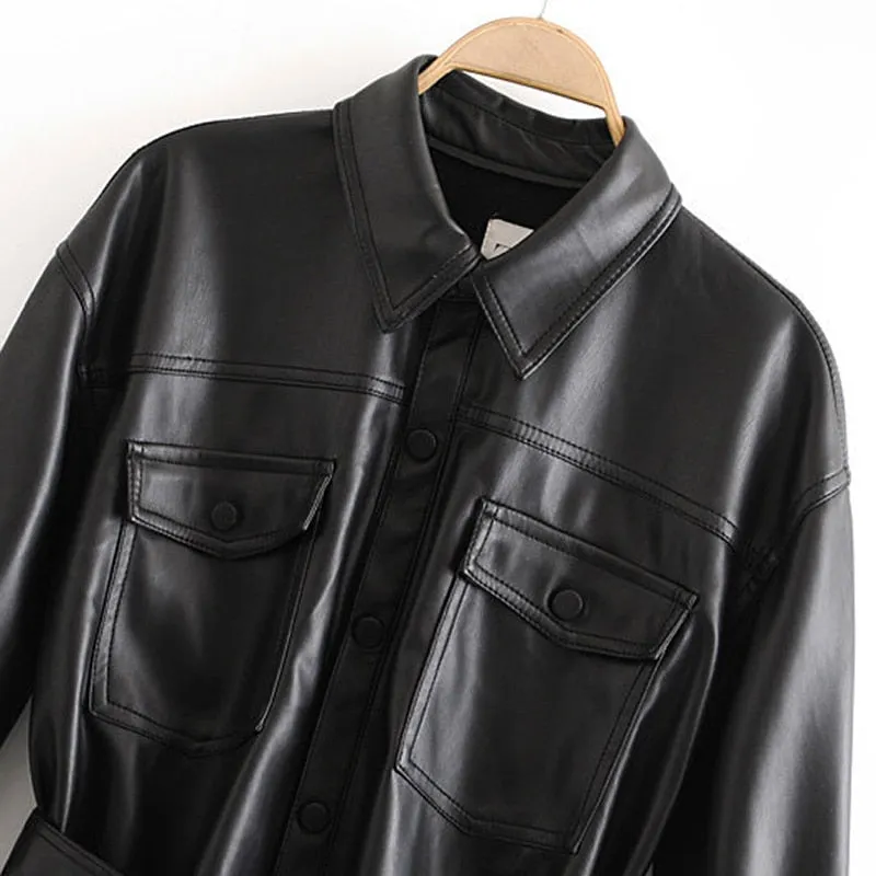 Pu Leather Coat Women Winter Single Breasted Long