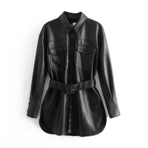 Pu Leather Coat Women Winter Single Breasted Long