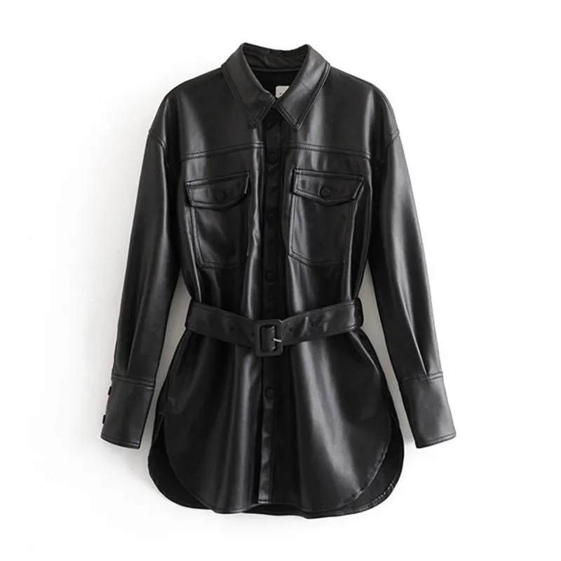 Pu Leather Coat Women Winter Single Breasted Long