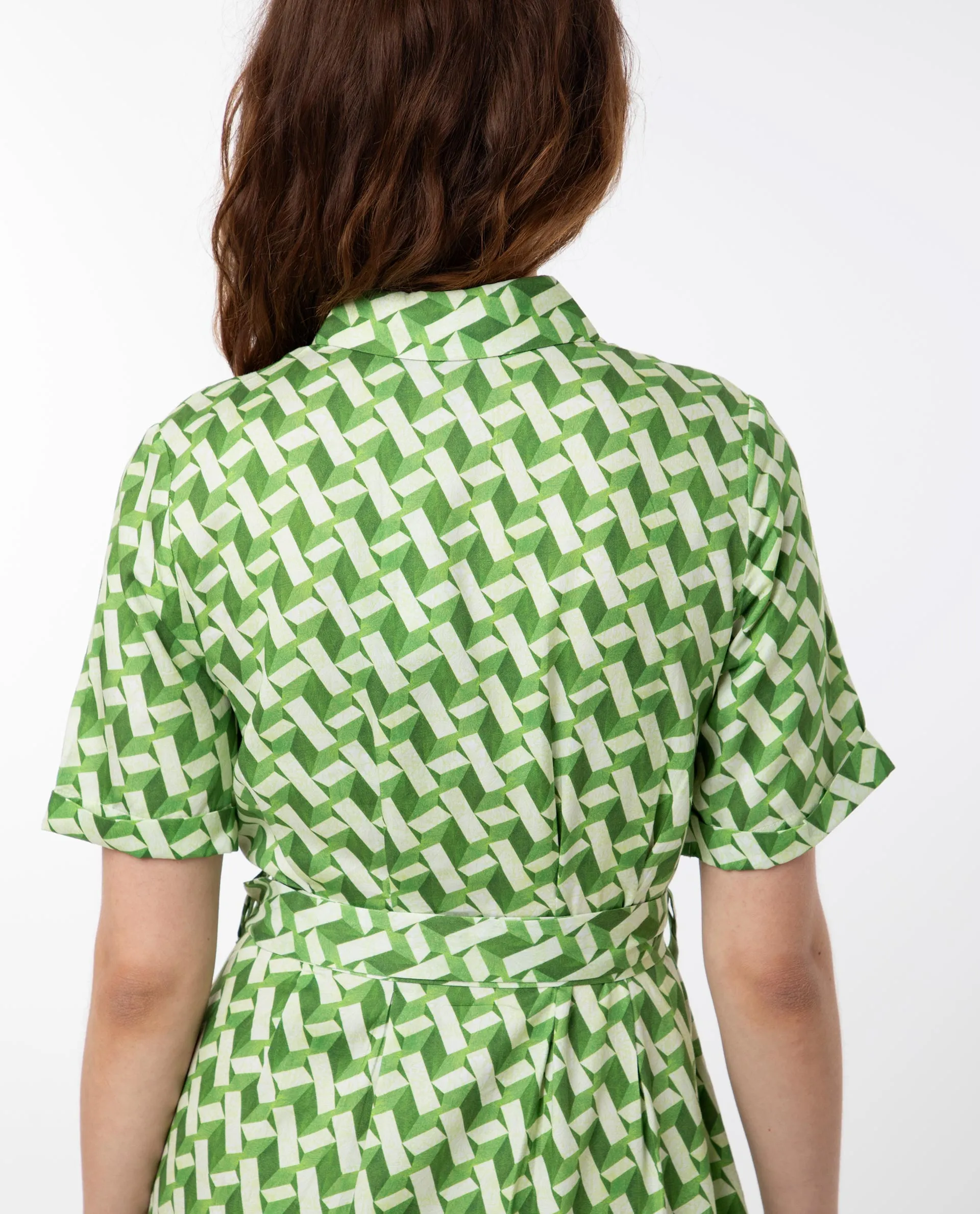 Rareism Women Bunt Green Cotton Fabric Short Sleeves Button Closure Shirt Collar Regular Fit Geometric Print Knee Length Shirt Type Dress