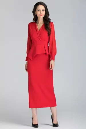 Red Sheer Sleeved Wrap Peplum Maxi Dress
