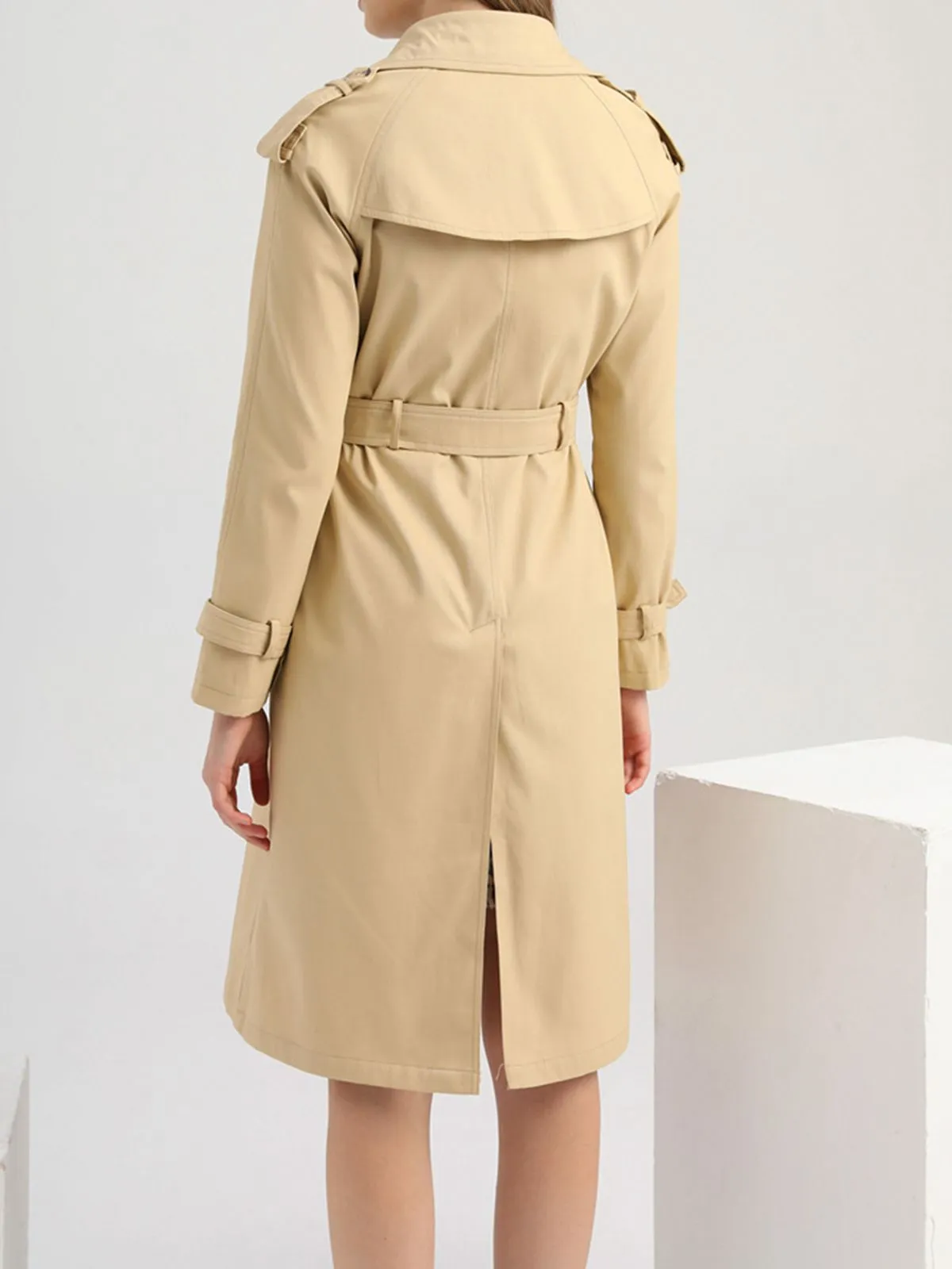 Retro Solid Button Belt Coat